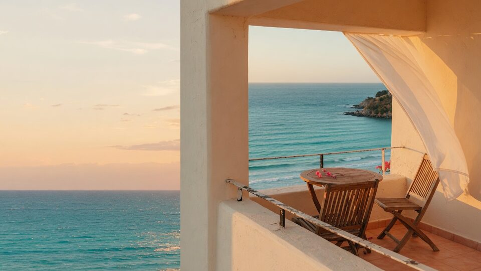 Hotel balcony overlooking turquoise ocean at golden hour