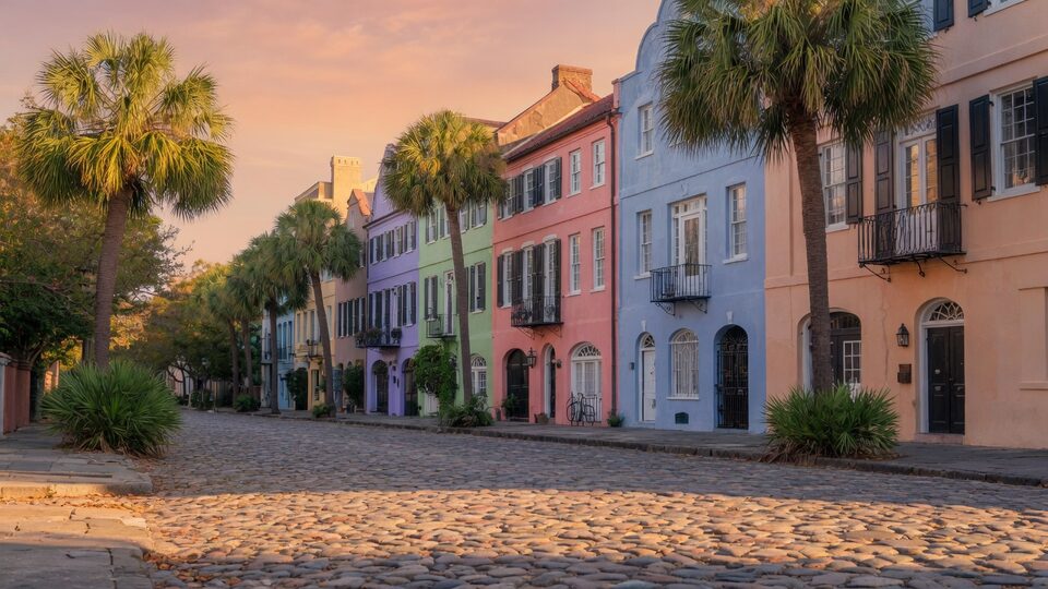 Pastel historic houses and palmettos in Charleston, South Carolina