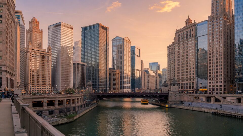 Chicago River lined with towers in late-afternoon light