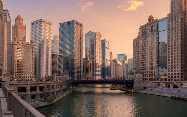 Chicago River lined with towers in late-afternoon light