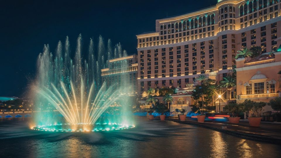 Resort fountains and a hotel facade at night on the Las Vegas Strip