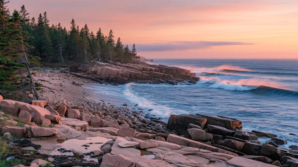 Pink granite Maine shoreline and spruce trees at sunrise