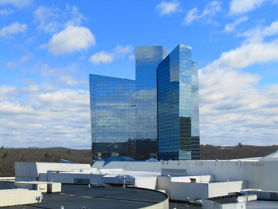 Sky Tower at Mohegan Sun in Uncasville, Connecticut, the faceted glass hotel rising above the casino complex