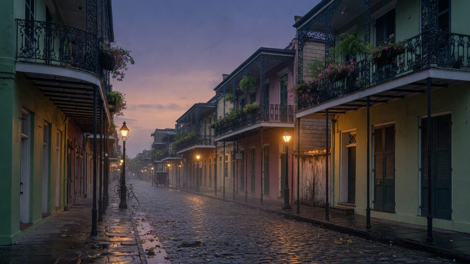 French Quarter balconies and gas lamps at dusk in New Orleans