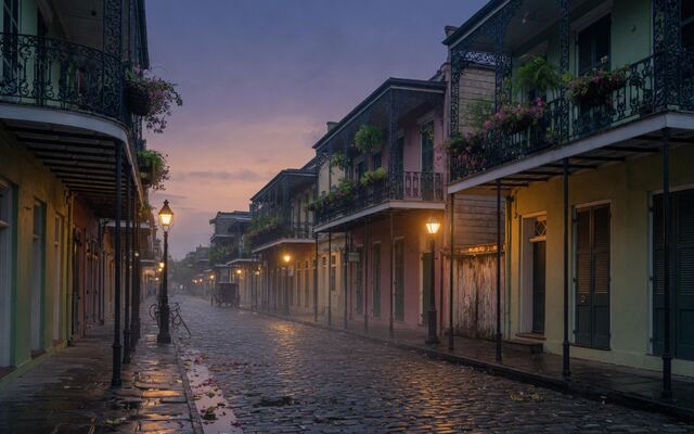 French Quarter balconies and gas lamps at dusk in New Orleans