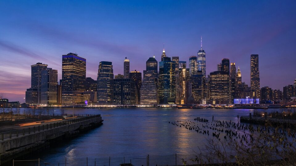 Manhattan skyline across the East River at blue hour