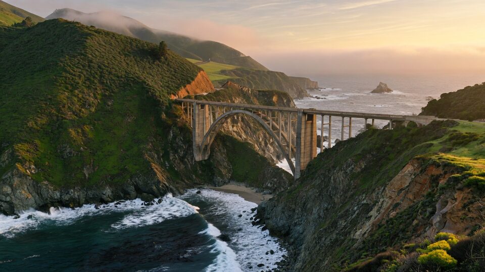 Pacific Coast arch bridge over a steep cove in Big Sur, California