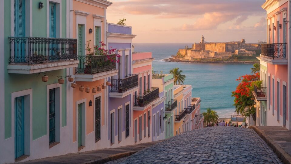 Pastel Old San Juan street opening toward the Atlantic