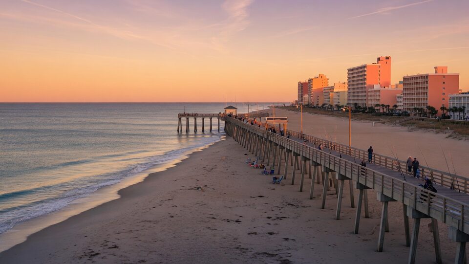 Virginia Beach oceanfront pier at sunset with the Atlantic and hotel strip